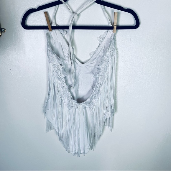 White Halter Top Deep V Fringe One Piece Bathing Suit By ASOS Swim - Picture 4 of 10